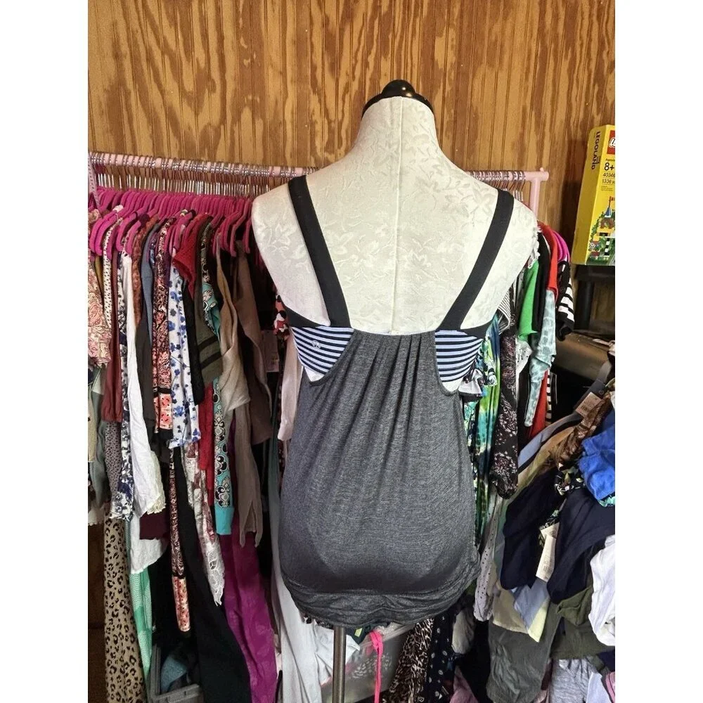 Lululemon Run Back On Track Tank Built in‎ Bra Blue Heathered Gray Drawstring 6